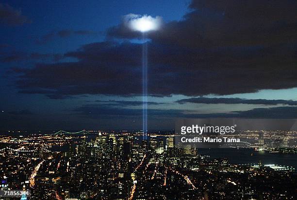 The Tribute in Light near the World Trade Center site is seen from the Empire State Building September 11, 2006 in New York City. Today is the fifth...