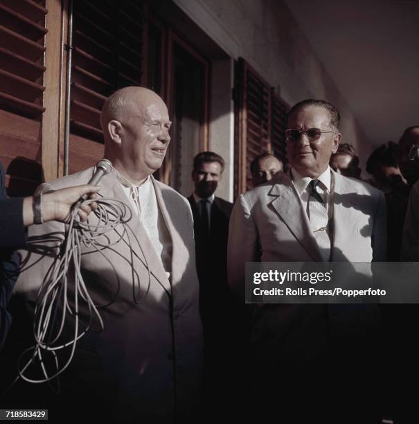 Premier of the Soviet Union, Nikita Khrushchev pictured on left with Josip Broz Tito President of Yugoslavia during a visit to Brijuni Islands in...