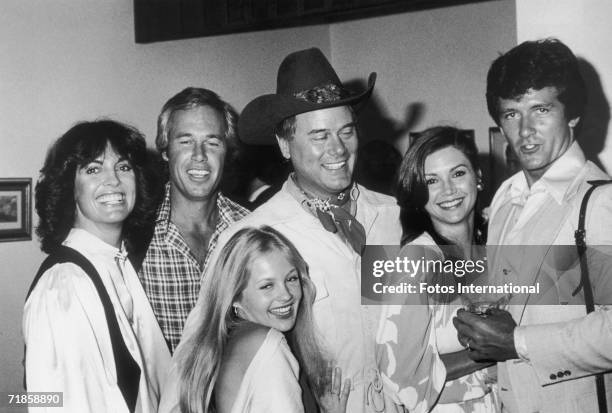 Cast members of the TV programme 'Dallas' attend a party thrown for them by the Worldvision television company at the Century Plaza Hotel, LA, May...