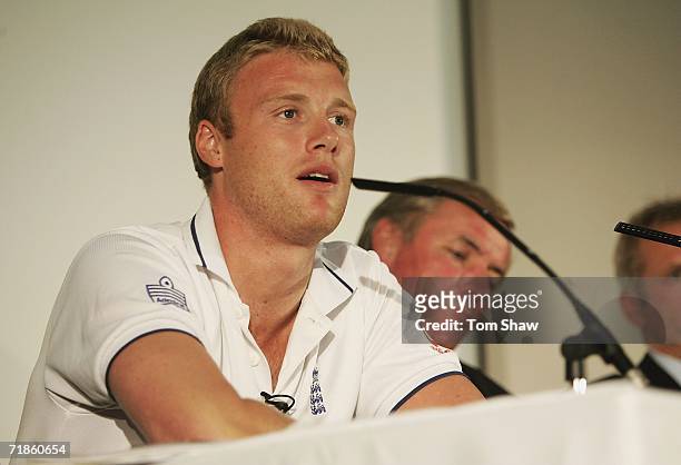 England Ashes captain Andrew Flintoff talks to the press as Chairman of selectors David Graveney looks on during the announcement of the squad for...