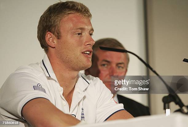 England captain Andrew Flintoff talks to the press as Chairman of selectors David Graveney looks on during the announcement of the squad for the...