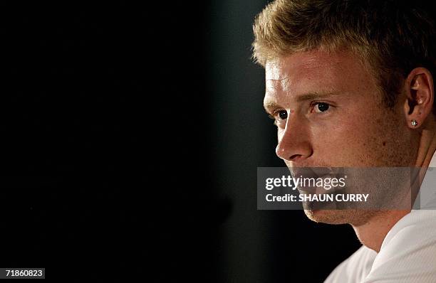 United Kingdom: England cricketer Andrew Flintoff, attends a press conference at the Oval cricket ground in south London, 12 September 2006. Flintoff...