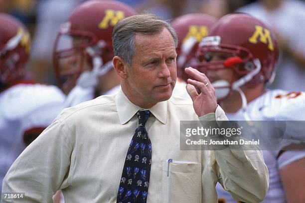 Head Coach Glen Mason of the Minnesota Golden Gophers watches from the sidelines during the game against the Purdue Boilermakers at the Ross-Ade...