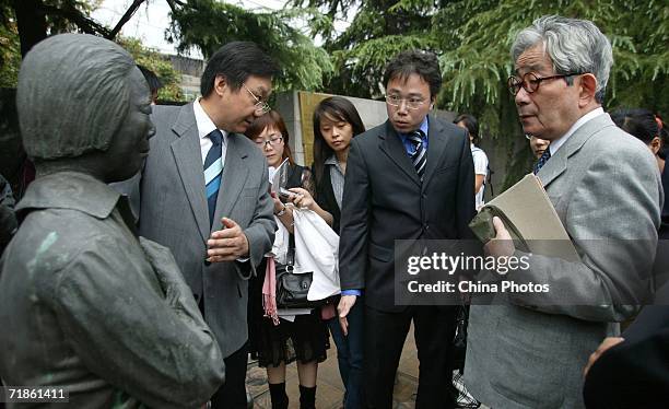 Nobel Prize for literature winner, Japanese writer Kenzaburo Oe visits Nanjing Massacre Memorial museum on September 12, 2006 in Nanjing of Jiangsu...