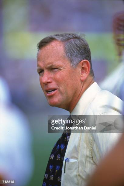Close up of Head Coach Glen Mason of the Minnesota Golden Gophers as he watches from the sidelines during the game against the Purdue Boilermakers at...