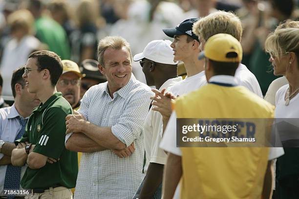 Former Notre Dame Fighting Irish player and Hall of Famer Joe Montana stands on the sidelines during the game against the Penn State Nittany Lions on...