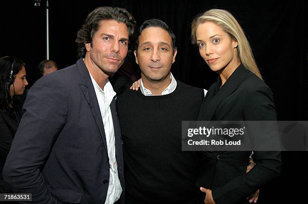 Designer Jeff Mahshie, actress Elizabeth Berkley and her husband Greg Lauren pose backstage at the Chaiken Spring 2007 fashion show during Olympus...