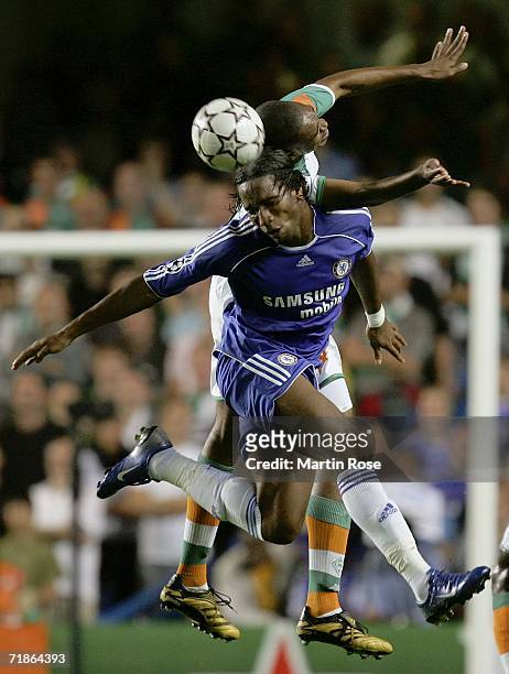 Didier Drogba of Chelsea is challenged by Naldo of Werder Bremen during the UEFA Champions League Group A match between Chelsea and Werder Bremen at...