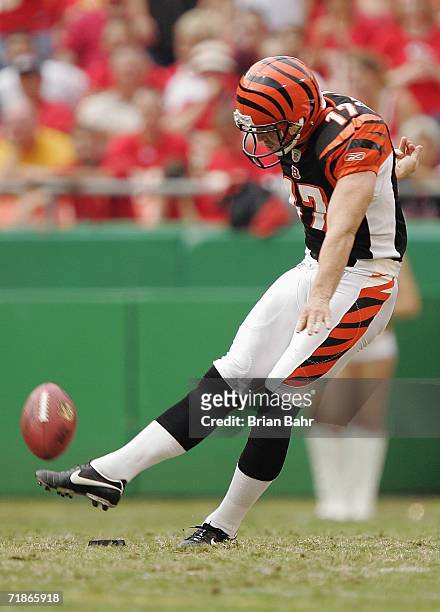 Shayne Graham of the Cincinnati Bengals kicks during the game with the Kansas City Chiefs in the second quarter on September 10, 2006 at Arrowhead...