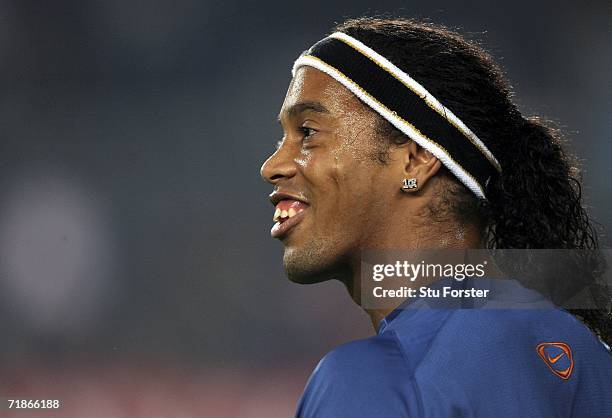 Ronaldinho of Barcelona raises a smile during the UEFA Champions League Group A match between Barcelona and Levski Sofia at The Nou Camp Stadium on...
