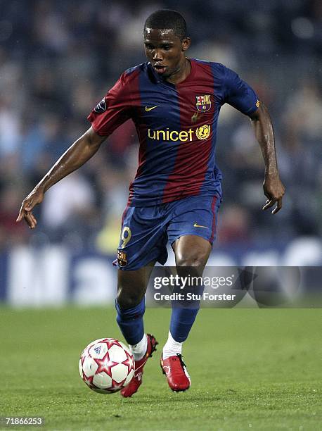 Samuel Eto'o of Barcelona runs with the ball during the UEFA Champions League Group A match between Barcelona and Levski Sofia at The Nou Camp...