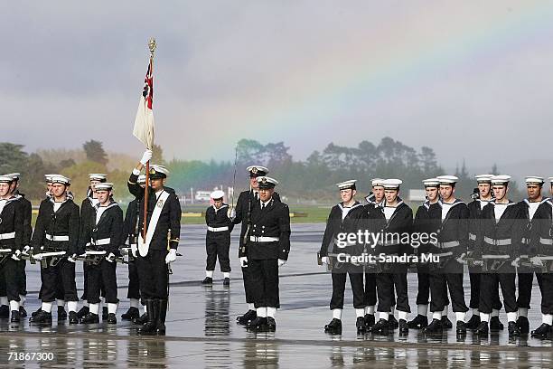 Members of the Navy line a guard of honour for the body of the Late Tongan King Taufa'ahau Tupou IV at Whenuapai Airbase September 13, 2006 in...