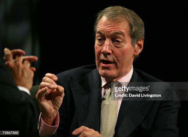 Journalist Charlie Rose appears onstage at the Hollywood Radio & Television Society's "A Conversation with Leslie Moonves" Newsmaker Luncheon at the...