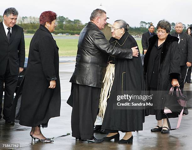 Queen Halaevalu Mata'aho, wife of the late Tongan King Taufa'ahau Tupou IV is farewelled by Moari King Tuheitia Paki before taking the body of her...