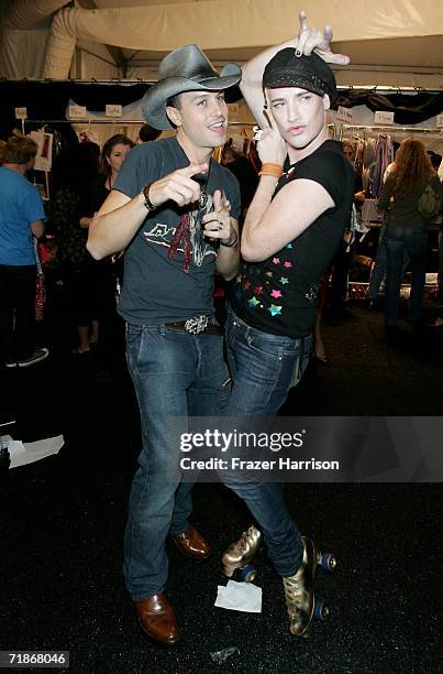 Designers Traver Rains and Richie Rich stand backstage at the Heatherette Spring 2007 fashion show during Olympus Fashion Week at the Tent in Bryant...