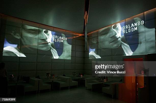 Screen projection of actor Orlando Bloom is shown on the wall at the after party for Yari Film Group's "Haven" at the Privilege Night Club on...