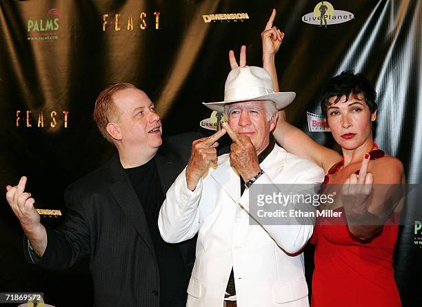 Director and "Project Greenlight" winner John Gulager, his father, actor Clu Gulager, and actress Diane Goldner, joke with photographers as they...