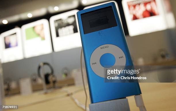 New iPod nano is seen at the Apple Store on Fifth Avenue on September 13, 2006 in New York. The update on the popular music player sports a thinner...