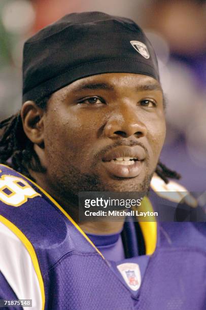 Darrion Scott of the Minnesota Vikings looks on during a football game against the Washington Redskins on September 11, 2006 at FedExField in...