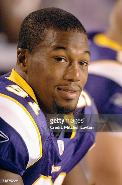 Ray Edwards of the Minnesota Vikings looks on from the bench during a football game against the Washington Redskins on September 11, 2006 at...