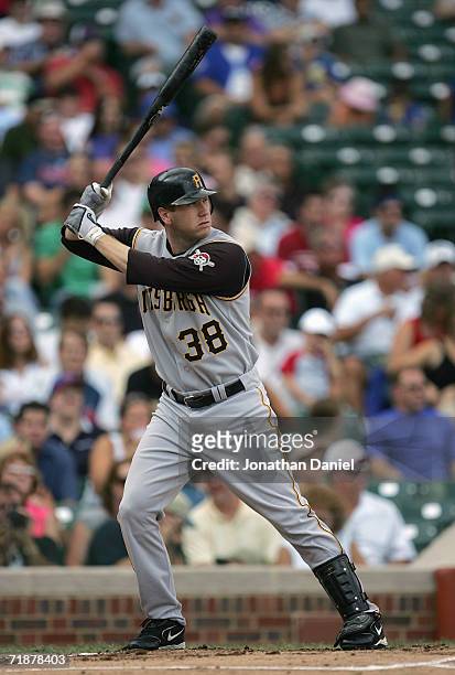 Jason Bay of the Pittsburgh Pirates bats during the game against the Chicago Cubs on September 7, 2006 at Wrigley Field in Chicago, Illinois. The...