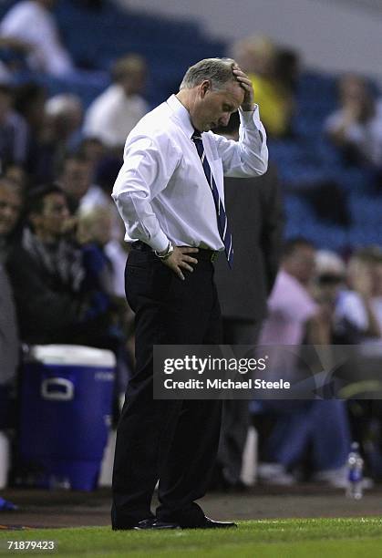 Leeds United manager Kevin Blackwell looks disappointed at his side's 0-3 defeat during the Coca Cola Championship match between Leeds United and...