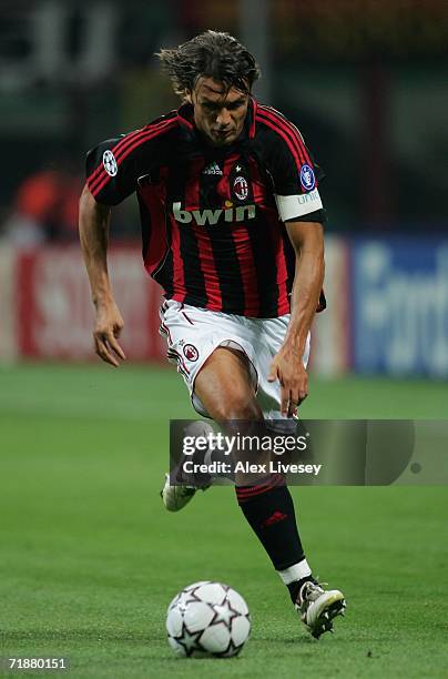 Paolo Maldini of AC Milan during the UEFA Champions League Group H match between AC Milan and AEK Athens at the Giuseppe Meazza Stadium on September...