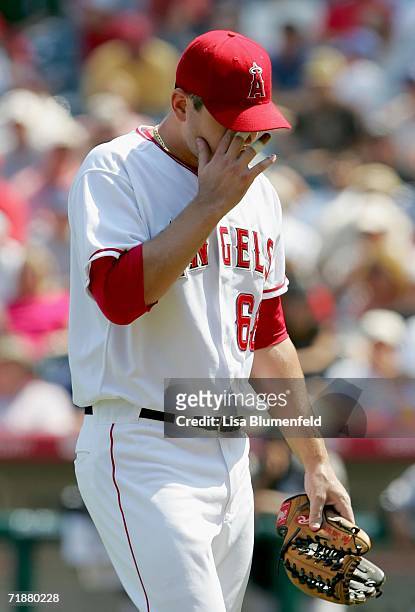 Pitcher Joe Saunders of the Los Angeles Angels of Anaheim is pulled out of the game in the fourth inning against the Chicago White Sox on September...