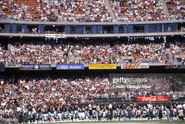 General view of the Oakland Raiders sideline at the Oakland/Alameda County Coliseum during a pre-season game against the St. Louis Rams on August 12,...