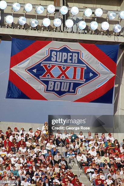 View of a Super Bowl XXII banner as the Washington Redskins and the Denver Broncos face off in Super Bowl XXII at Jack Murphy Stadium on January 31,...