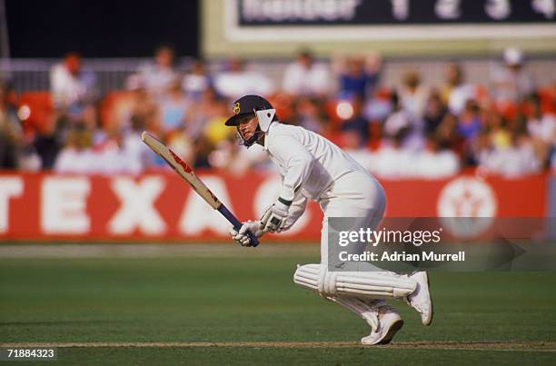 Australian cricketer Mark Taylor makes a run during his innings of 219 in the 5th Test in the Ashes series at Trent Bridge, 10th - 15th August 1989.