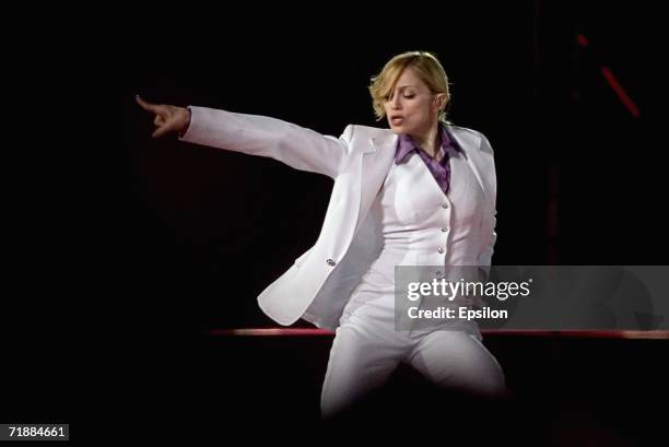 Madonna sings on stage during first performance in Moscow on September 12, 2006 in Moscow, Russia. The Luzhniki Stadium's concert has drawn...