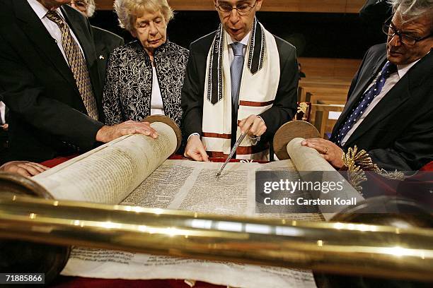Rabbi candidate Tomas Kucera from Czech Republic reads the torah scroll at the rehearsal for the ordination in the New Synagoge on September 14, 2006...