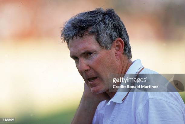 Head Coach Mack Brown of the Texas Longhorns looks on during the game against the Houston Cougars at the Royal Texas Memorial Stadium in Austin,...
