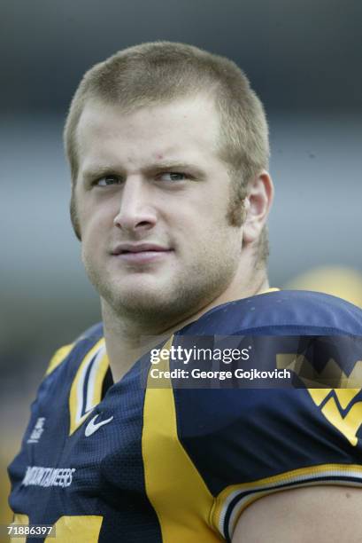 Center Dan Mozes of the West Virginia University Mountaineers on the sideline during a game against the Eastern Washington University Eagles at Milan...