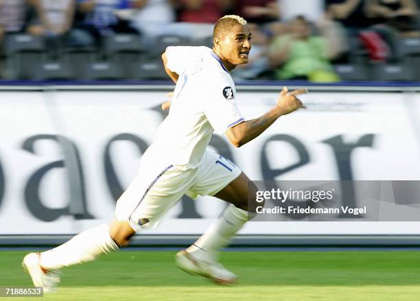 Kevin-Prince Boateng of Hertha celebrates scoring the second goal during the UEFA Cup first leg match between Hertha BSC Berlin and Odense BK at the...