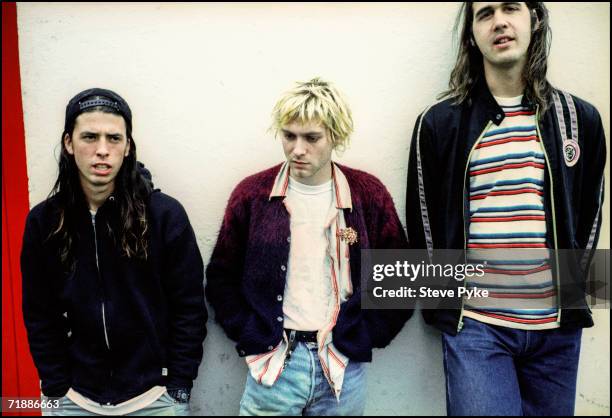 American grunge band Nirvana, early 1990s. From left to right drummer Dave Grohl, singer Kurt Cobain and bassist Krist Novoselic.