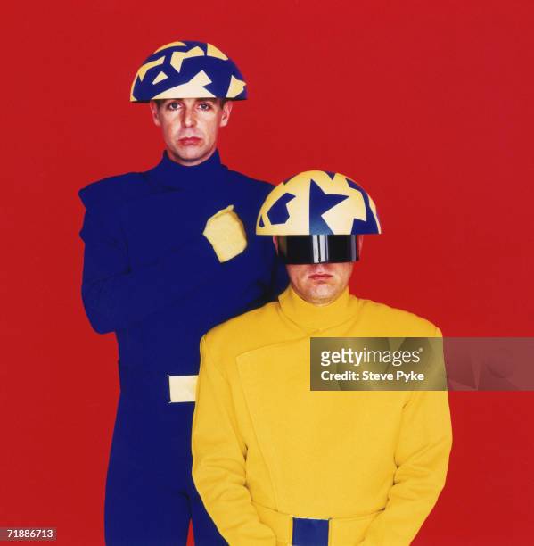 Pop duo The Pet Shop Boys, Neil Tennant, left, and Chris Lowe wearing costumes that appear in the video for their 'Go West' single, 1993.
