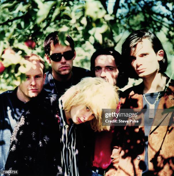 British rock group Radiohead, circa 1992. Singer Thom Yorke stands in front of drummer Phil Selway, guitarist Ed O'Brien, bassist Colin Greenwood and...