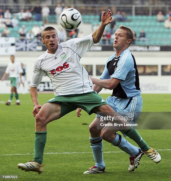 Damien Duff of Newcastle United challenges Alesandr Dmitrijev of FC Levadia during the UEFA Cup first round, first leg match bewteen FC Levadia and...