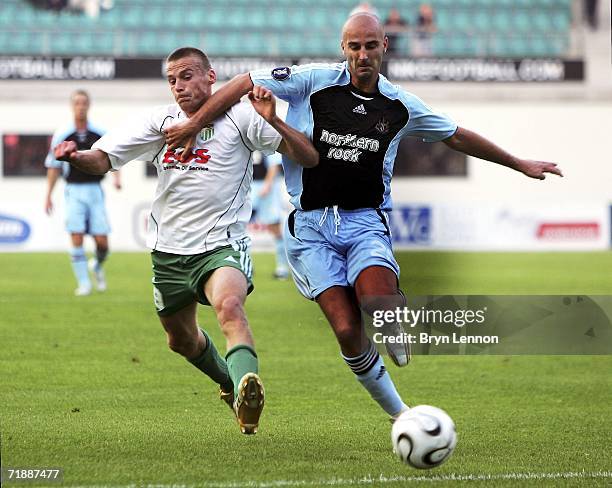 Antoine Sibierki of Newcastle United takes on Alexsandr Dmitrijev of FC Levadia during the UEFA Cup first round, first leg match bewteen FC Levadia...