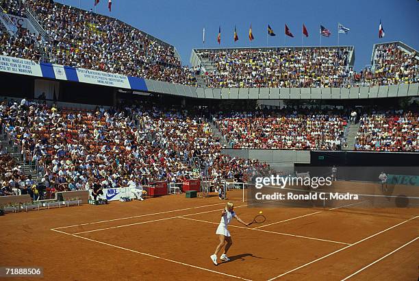 Czech Republic Martina Navratilova playing for the United States in the Federation Cup in July 1986 in Prague, Czechoslovakia.