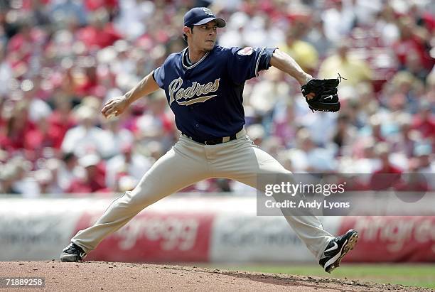 Clay Hensley of the San Diego Padres pitches against the Cincinnati Reds at Great American Ball Park September 14, 2006 in Cincinnati, Ohio. The...