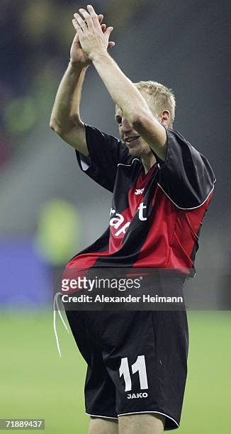 Michael Thurk of Frankfurt celebrates the 4:0 victory of his team after the UEFA Cup first leg match between Eintracht Frankfurt and Brondby...