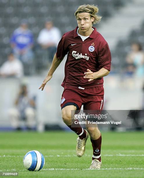 Tobias Grahn of Odense in action during the UEFA Cup first leg match between Hertha BSC Berlin and Odense BK at the Olympic Stadium on September 14,...