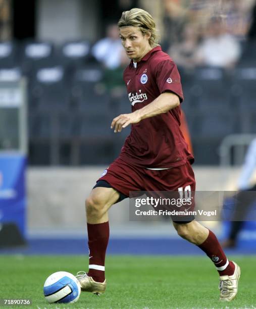 Tobias Grahn of Odense in action during the UEFA Cup first leg match between Hertha BSC Berlin and Odense BK at the Olympic Stadium on September 14,...