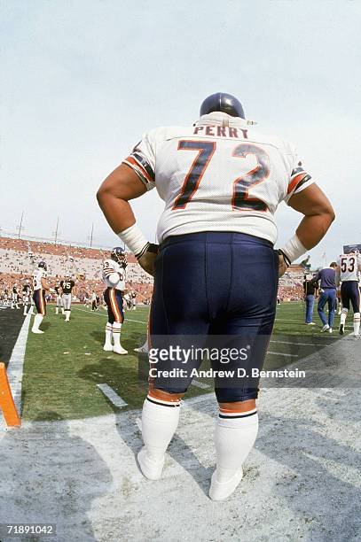 William Perry of the Chicago Bears looks on against the Los Angeles Raiders at the Los Angeles Memorial Coliseum in Los Angeles, California in August...