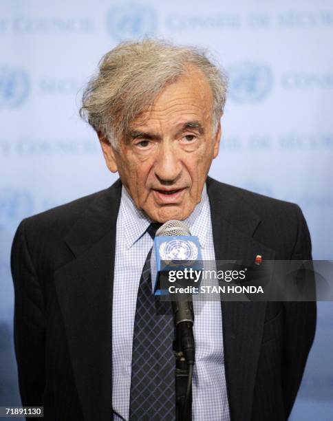 United Nations Messenger of Peace Elie Wiesel speaks to the media 14 September 2006 at UN headquarters in New York after he and US actor and producer...