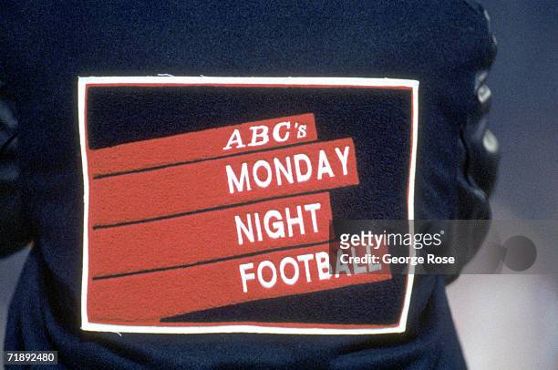 Detail view of the ABC Monday Night Football logo on the back of a black and blue letterman jacket as the San Francisco 49ers take on the Chicago...