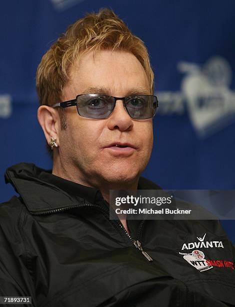 Sir Elton John speaks at a press conference before the Advanta WTT Smash Hits celebrity tennis match to benefit the Elton John AIDS Foundation at the...